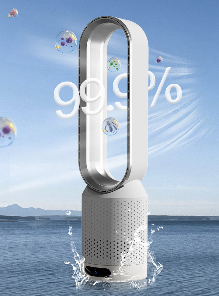 Refroidisseur d'air AirPure 3 en 1, blanc, design moderne, purifie et ionise, rafraîchit avec oscillation 90° et filtre HEPA.