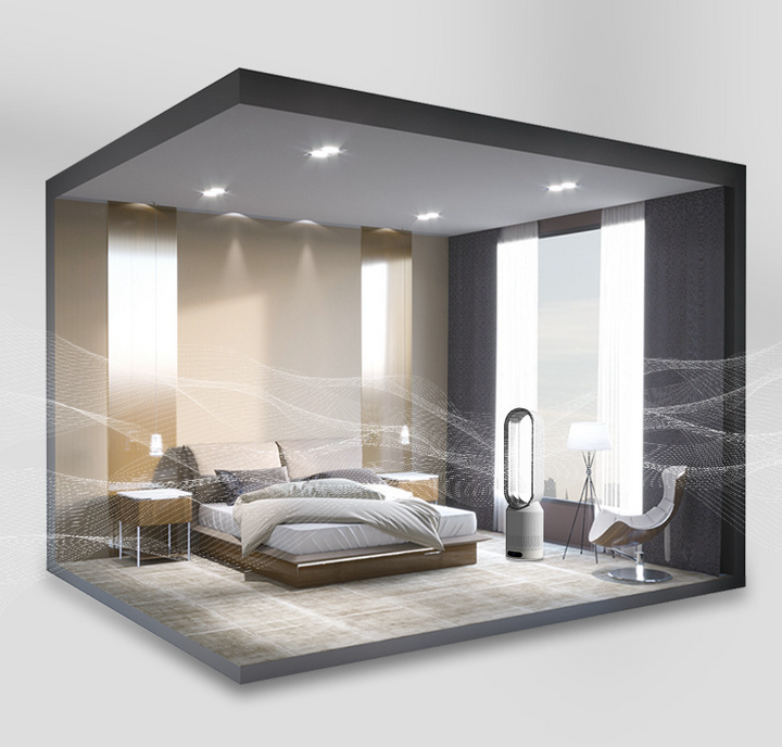Refroidisseur d'air AirPure 3 en 1, blanc, design moderne, purifie et ionise, rafraîchit avec oscillation 90° et filtre HEPA.