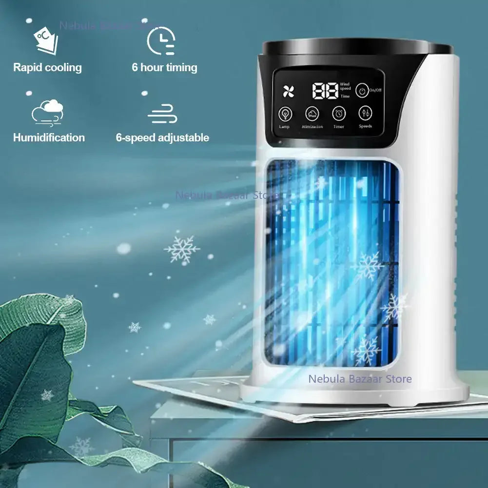 "Refroidisseur portable compact 3 en 1 avec USB, blanc, avec réservoir 300ml et 6 réglages de vent pour air frais et purifié.