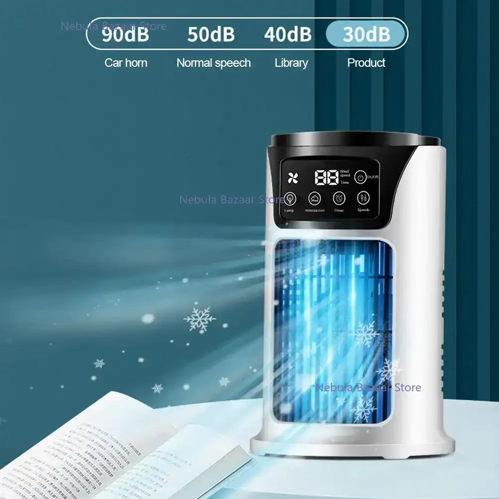 "Refroidisseur portable compact 3 en 1 avec USB, blanc, avec réservoir 300ml et 6 réglages de vent pour air frais et purifié.