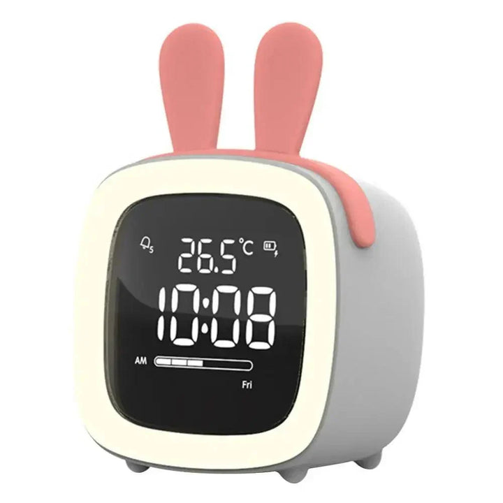 Réveil LED portable à batterie, veilleuse enfant lapin. Affichage numérique clair et design.