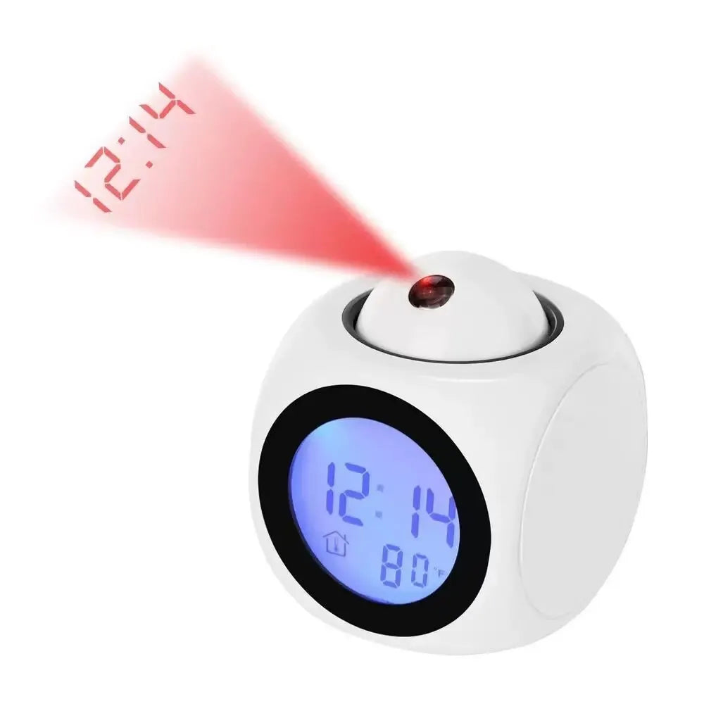 "Réveil numérique LED avec projection ajustable, design épuré noir, affichage clair pour chambre moderne."