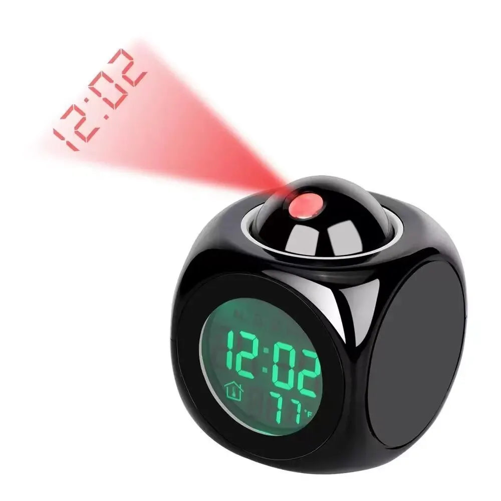 "Réveil numérique LED avec projection ajustable, design épuré noir, affichage clair pour chambre moderne."