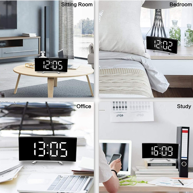 "Réveil numérique LED moderne, écran incurvé, chiffres verts lumineux pour une lisibilité optimale, design épuré."