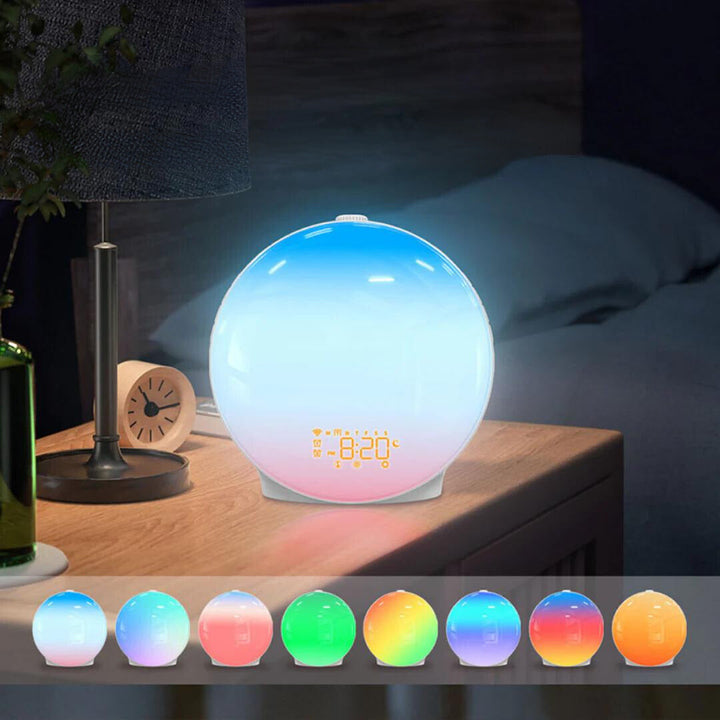 "Réveil simulateur soleil LumiRise éclairage doux réglable design épuré pour un réveil naturel et paisible dans la chambre"