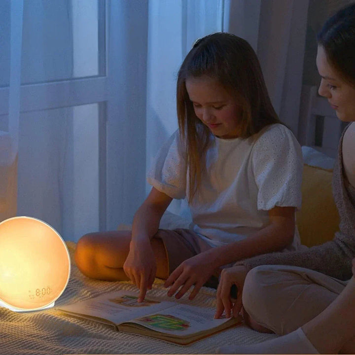 "Réveil simulateur soleil LumiRise éclairage doux réglable design épuré pour un réveil naturel et paisible dans la chambre"