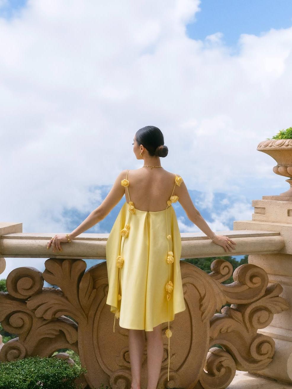 Robe A-Line élégante avec bretelles roses 3D, ourlet taille haute, silhouette captivante pour occasions spéciales ou décontra