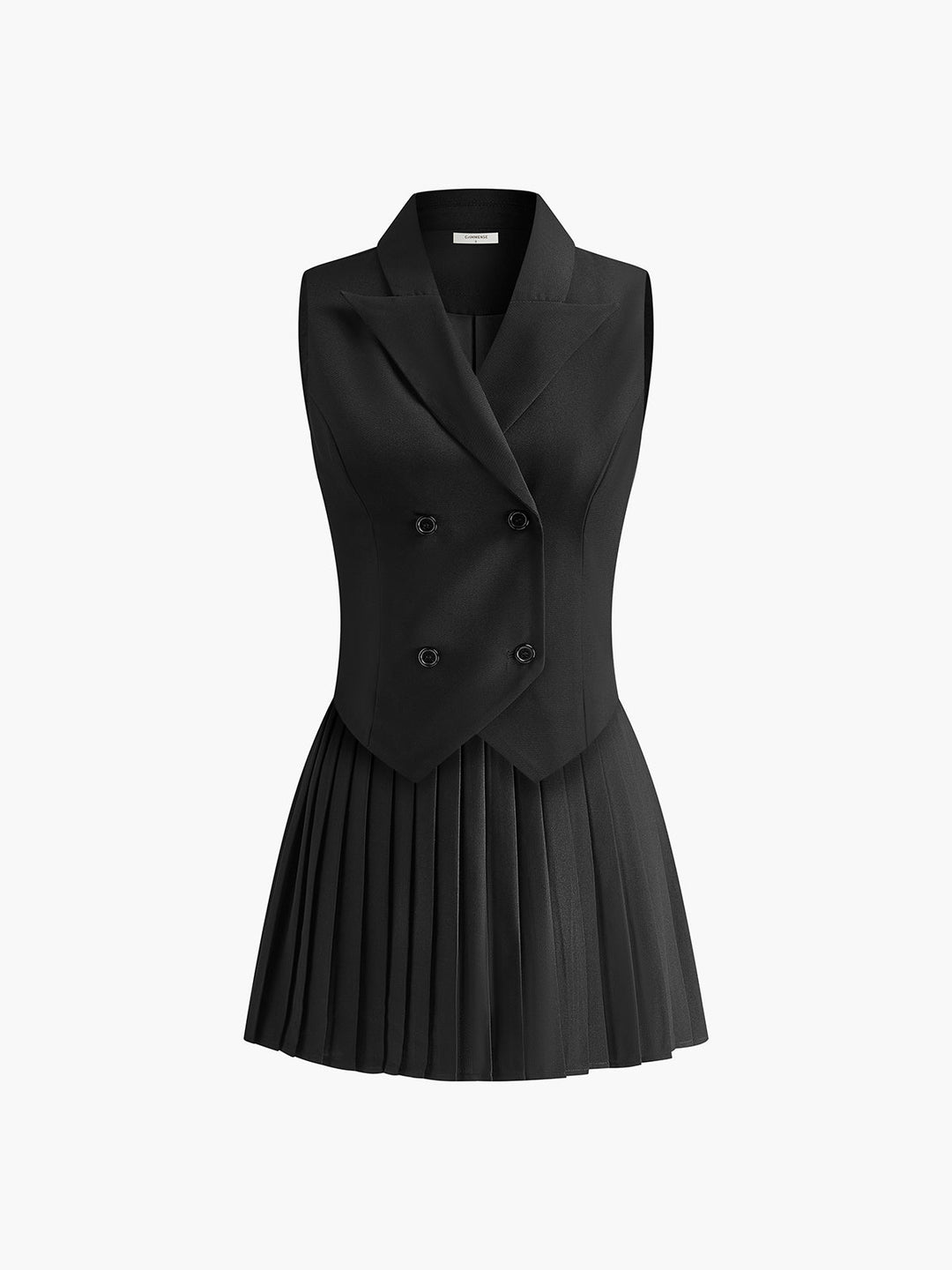 "Robe blazer sans manches, col à revers, jupe plissée, couleur unie, élégante et classique pour tenue chic et formelle."