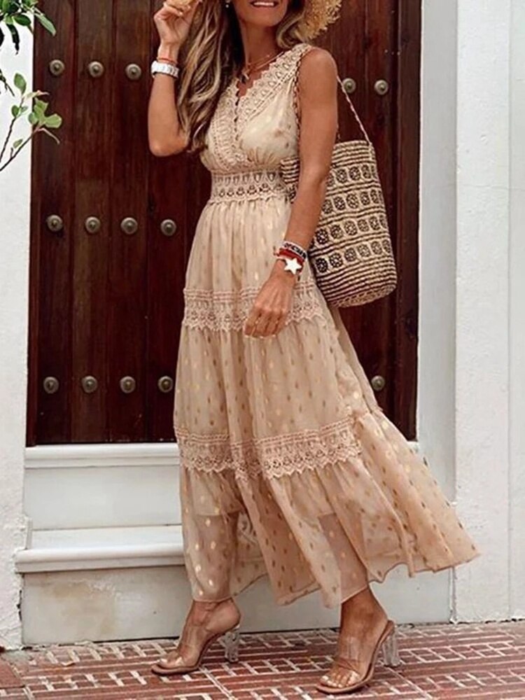 Robe bohème Apolline beige ou verte, coupe fluide, tissu doux, élégante et confortable pour femmes, parfait quotidien.