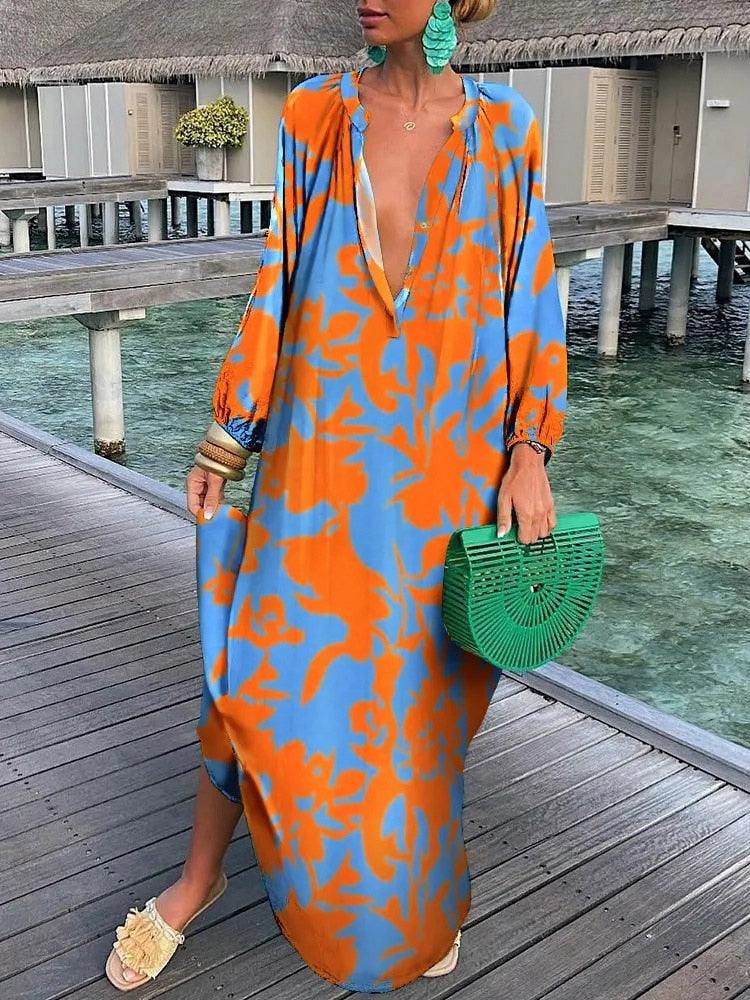 "Robe boho chic Rosalia en tissu fluide, vue avant, élégance et confort décontracté pour toutes occasions."