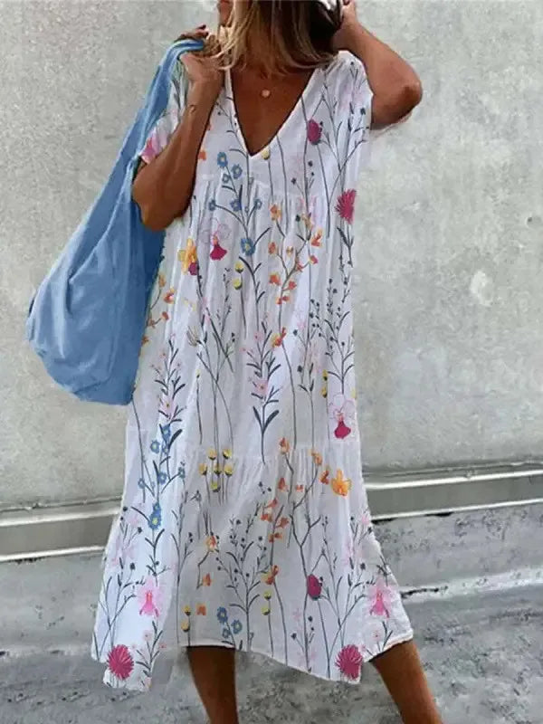 "Robe Boho d'été à col V, imprimé floral coloré, manches courtes, style fluide pour journées chaudes"