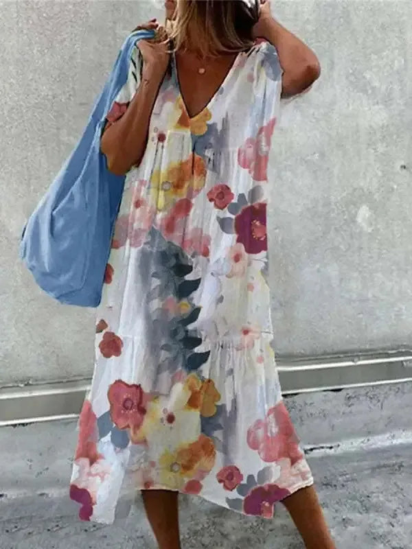 "Robe Boho d'été à col V, imprimé floral coloré, manches courtes, style fluide pour journées chaudes"