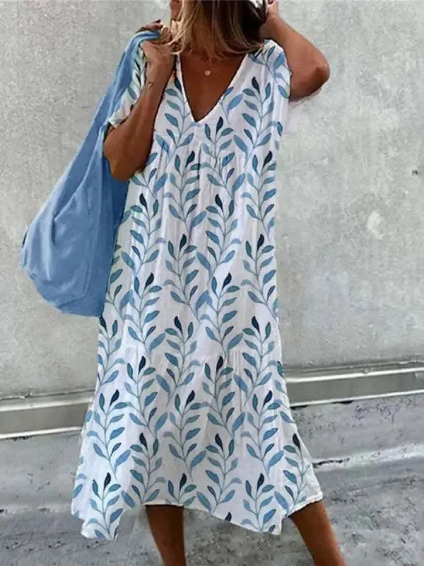 "Robe Boho d'été à col V, imprimé floral coloré, manches courtes, style fluide pour journées chaudes"
