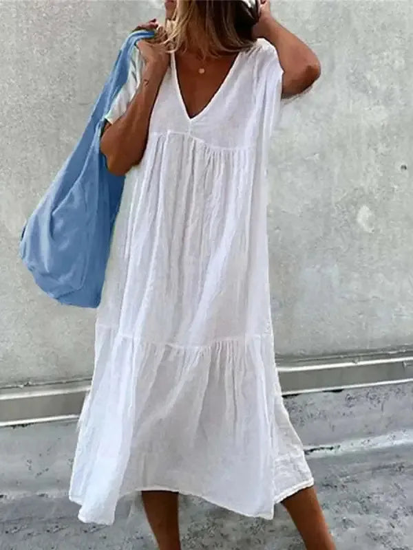 "Robe Boho d'été à col V, imprimé floral coloré, manches courtes, style fluide pour journées chaudes"