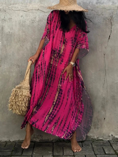 Caftan femme fluide et léger, robe maxi bohème pour un été élégant.