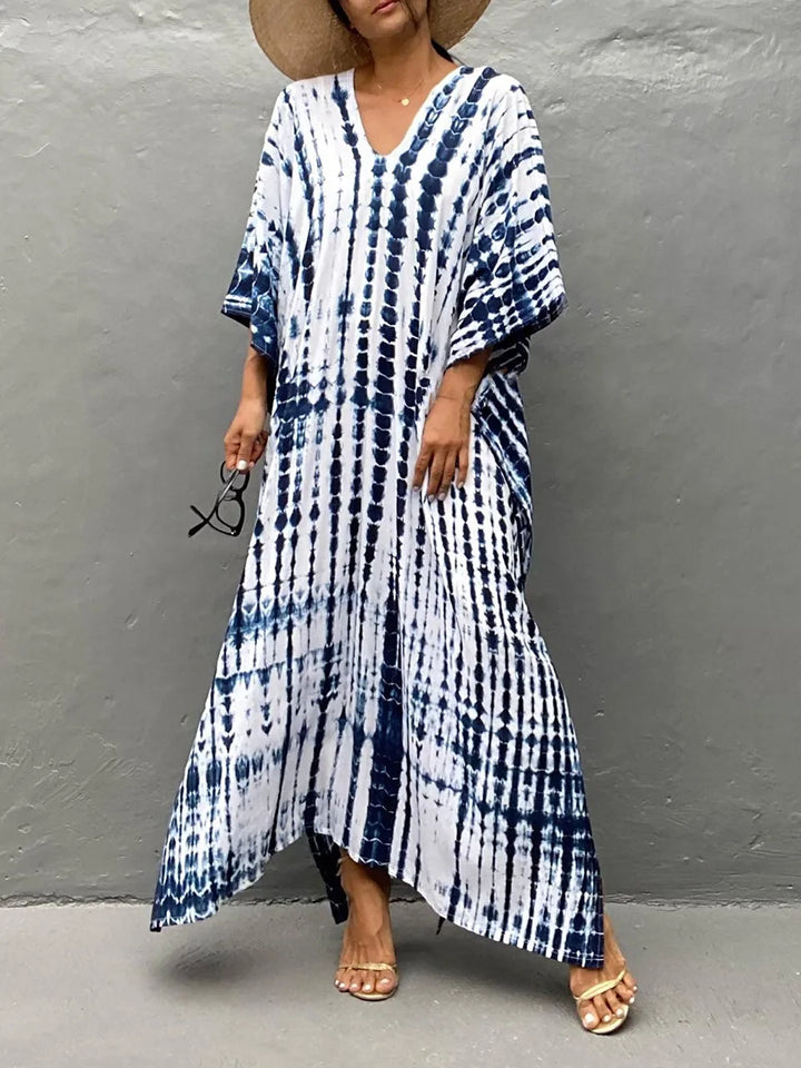 Robe d'été femme, caftan maxi fluide vert, style plage chic et confortable.