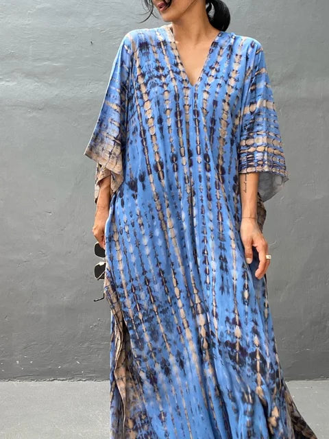 Caftan femme léger vert pour l'été, robe longue fluide élégante, idéale vacances.
