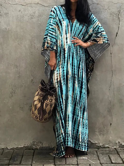 Robe fluide femme caftan, style bohème estival, légère et confortable pour l'été.