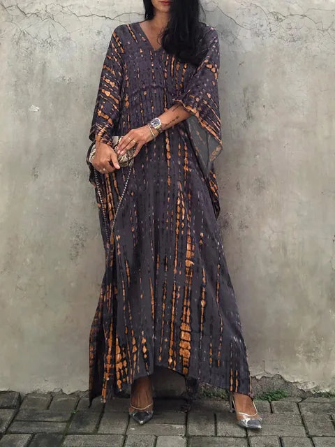 Caftan fluide femme vert, robe d'été bohème élégante, longue et légère.