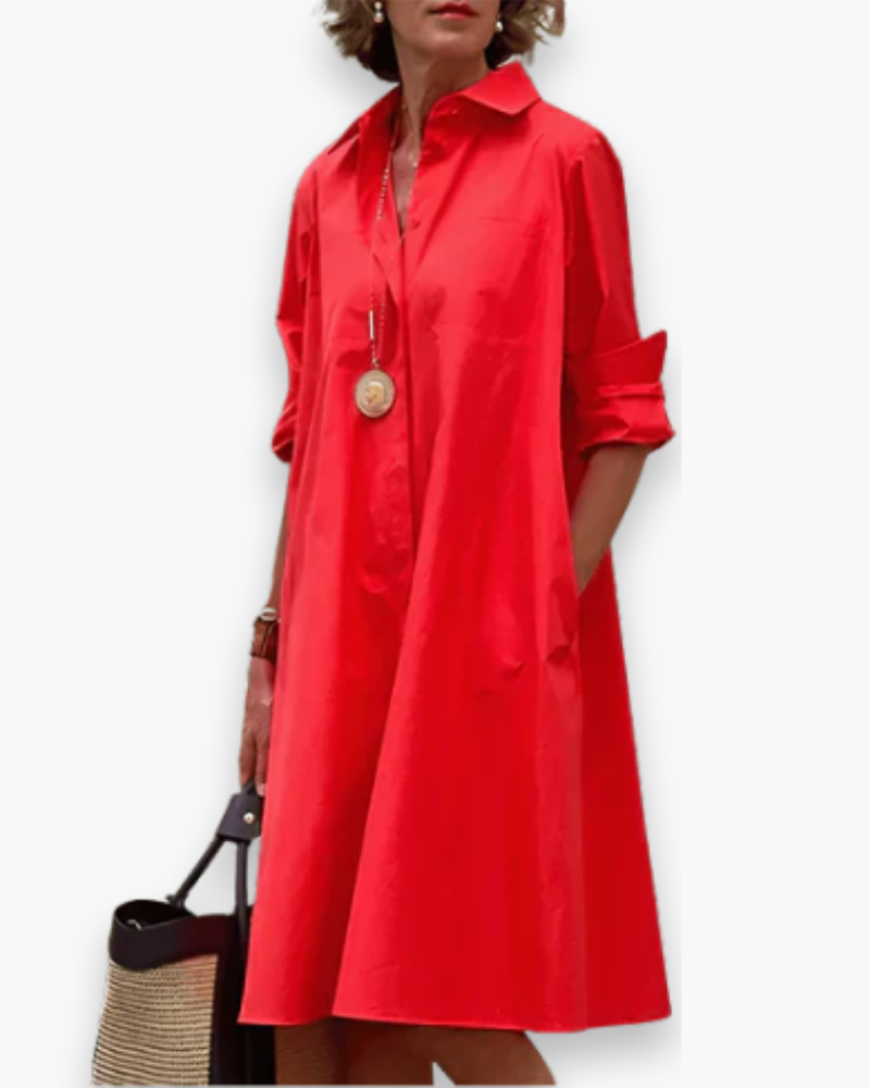 Robe chemise ample femme fluide et élégante, coupe décontractée, col classique, tissu léger, look chic et confortable.