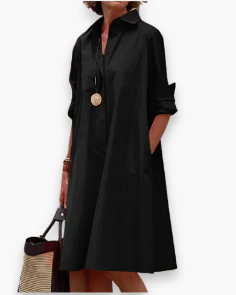Robe chemise ample femme fluide et élégante, coupe décontractée, col classique, tissu léger, look chic et confortable.