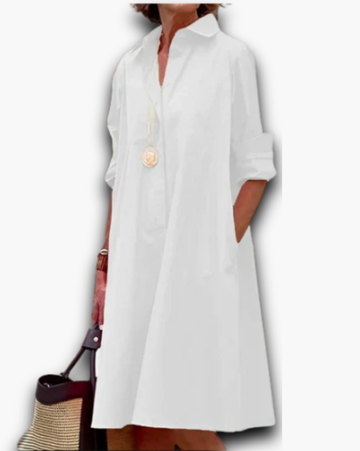 Robe chemise ample femme fluide et élégante, coupe décontractée, col classique, tissu léger, look chic et confortable.