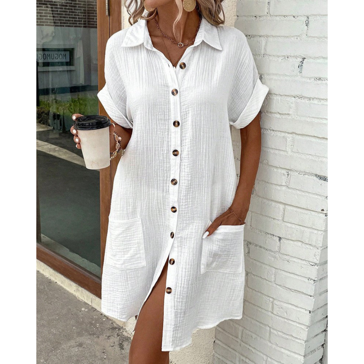 Robe chemise élégante et fluide pour l'été, taille marquée, tissu léger, idéale pour le bureau ou sorties décontractées.