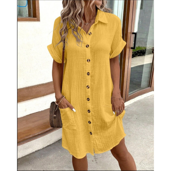Robe chemise élégante et fluide pour l'été, taille marquée, tissu léger, idéale pour le bureau ou sorties décontractées.