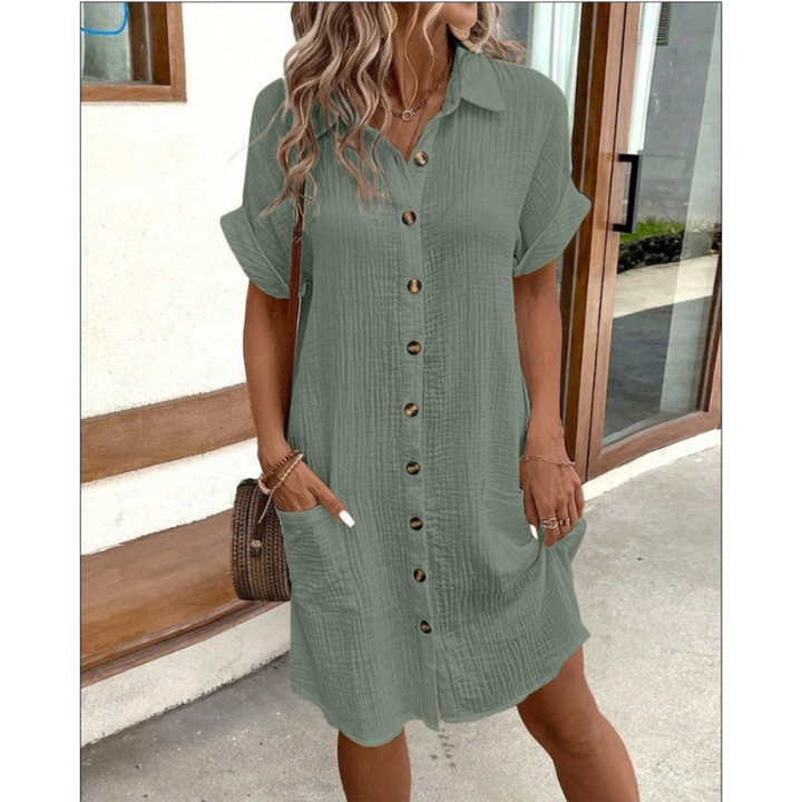 Robe chemise élégante et fluide pour l'été, taille marquée, tissu léger, idéale pour le bureau ou sorties décontractées.