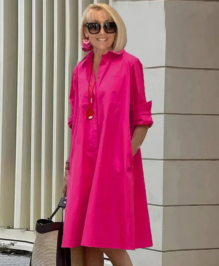 "Robe chemise élégante pour femme, ligne fluide, touche raffinée, vue de face, en blanc, bleu, noir, orange, rouge."
