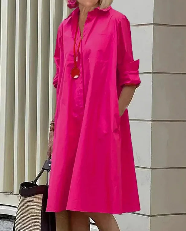 "Robe chemise élégante pour femme, ligne fluide, touche raffinée, vue de face, en blanc, bleu, noir, orange, rouge."