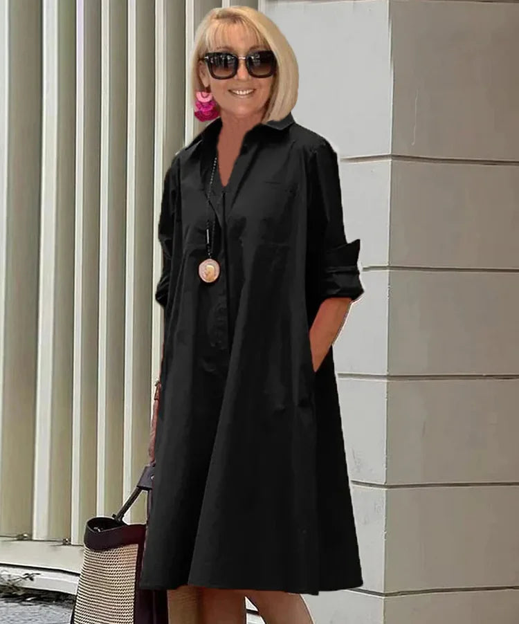"Robe chemise élégante pour femme, ligne fluide, touche raffinée, vue de face, en blanc, bleu, noir, orange, rouge."