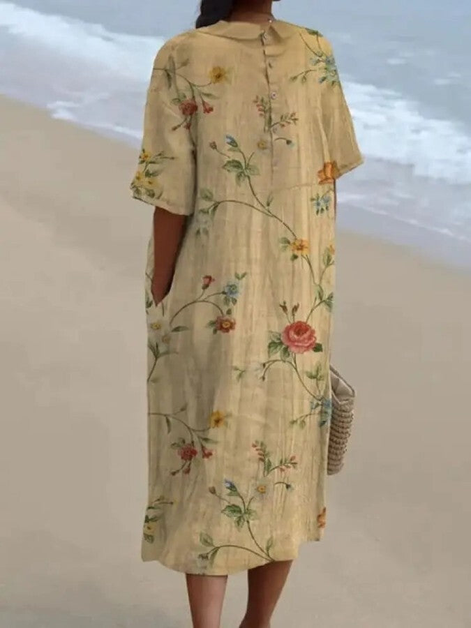 Robe chemise été, coton lin, imprimé floral rétro.  Coupe ample et élégante.