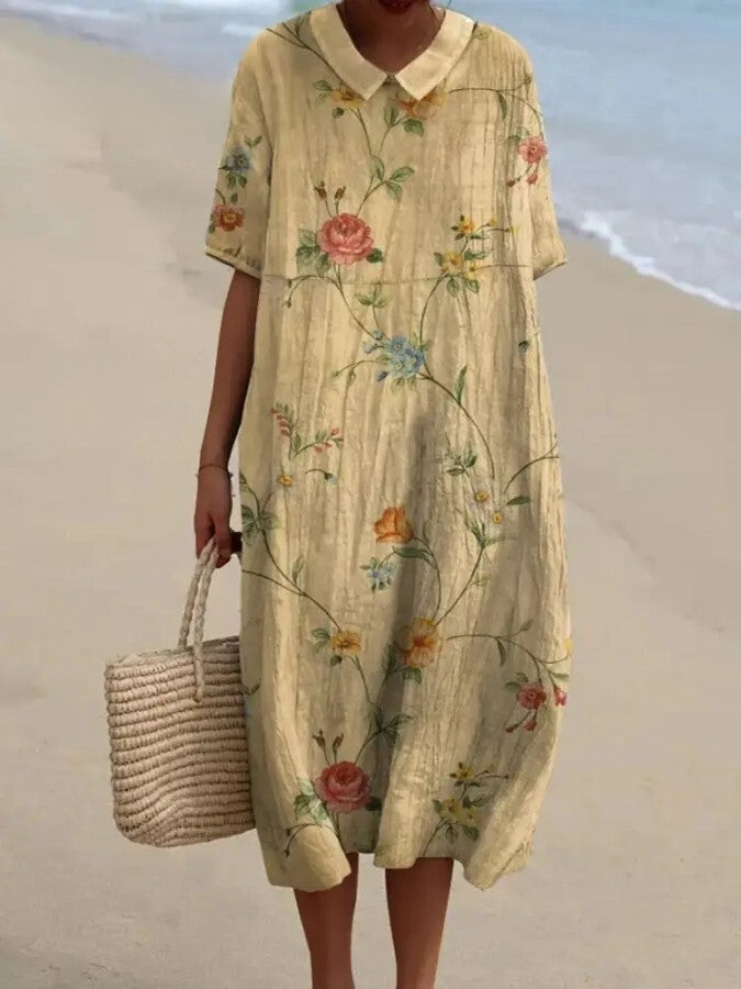 Robe chemise été, coton lin, imprimé floral rétro.  Coupe ample et élégante.