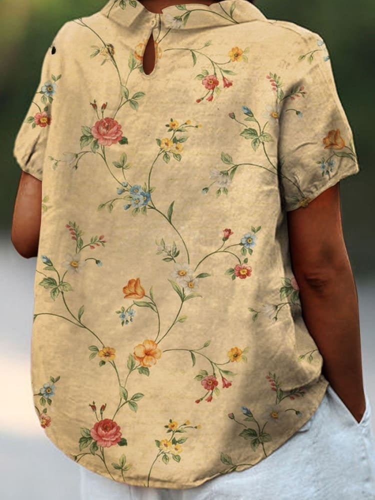 Robe chemise été, coton lin, imprimé floral rétro.  Coupe ample et élégante.