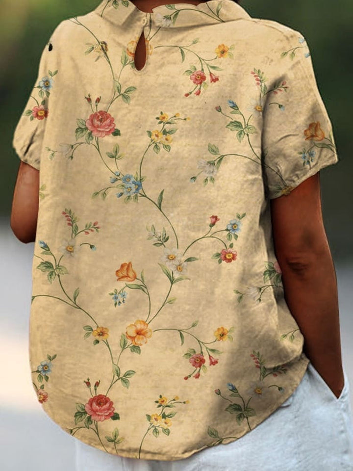 Robe chemise été, coton lin, imprimé floral rétro.  Coupe ample et élégante.