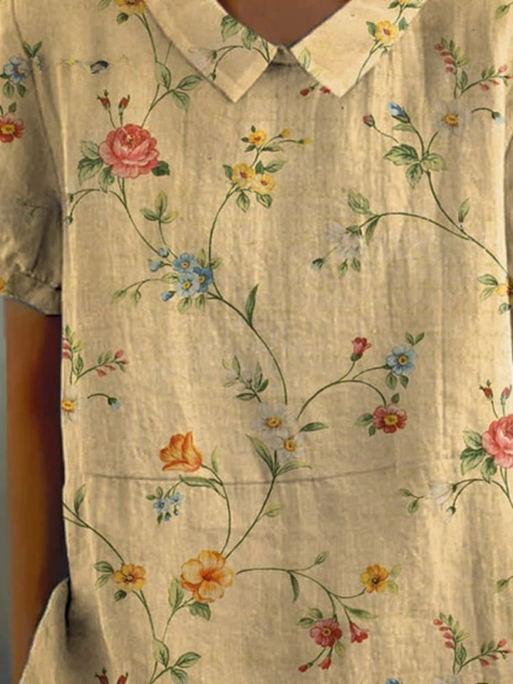 Robe chemise été, coton lin, imprimé floral rétro.  Coupe ample et élégante.
