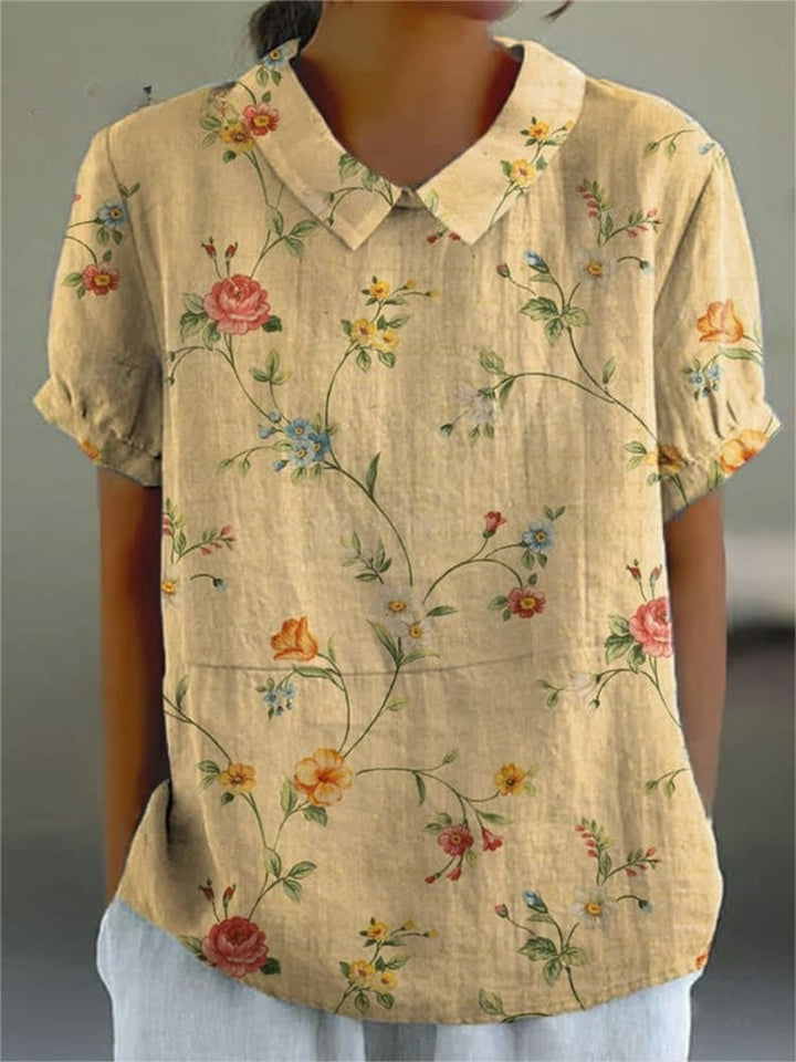 Robe chemise été, coton lin, imprimé floral rétro.  Coupe ample et élégante.