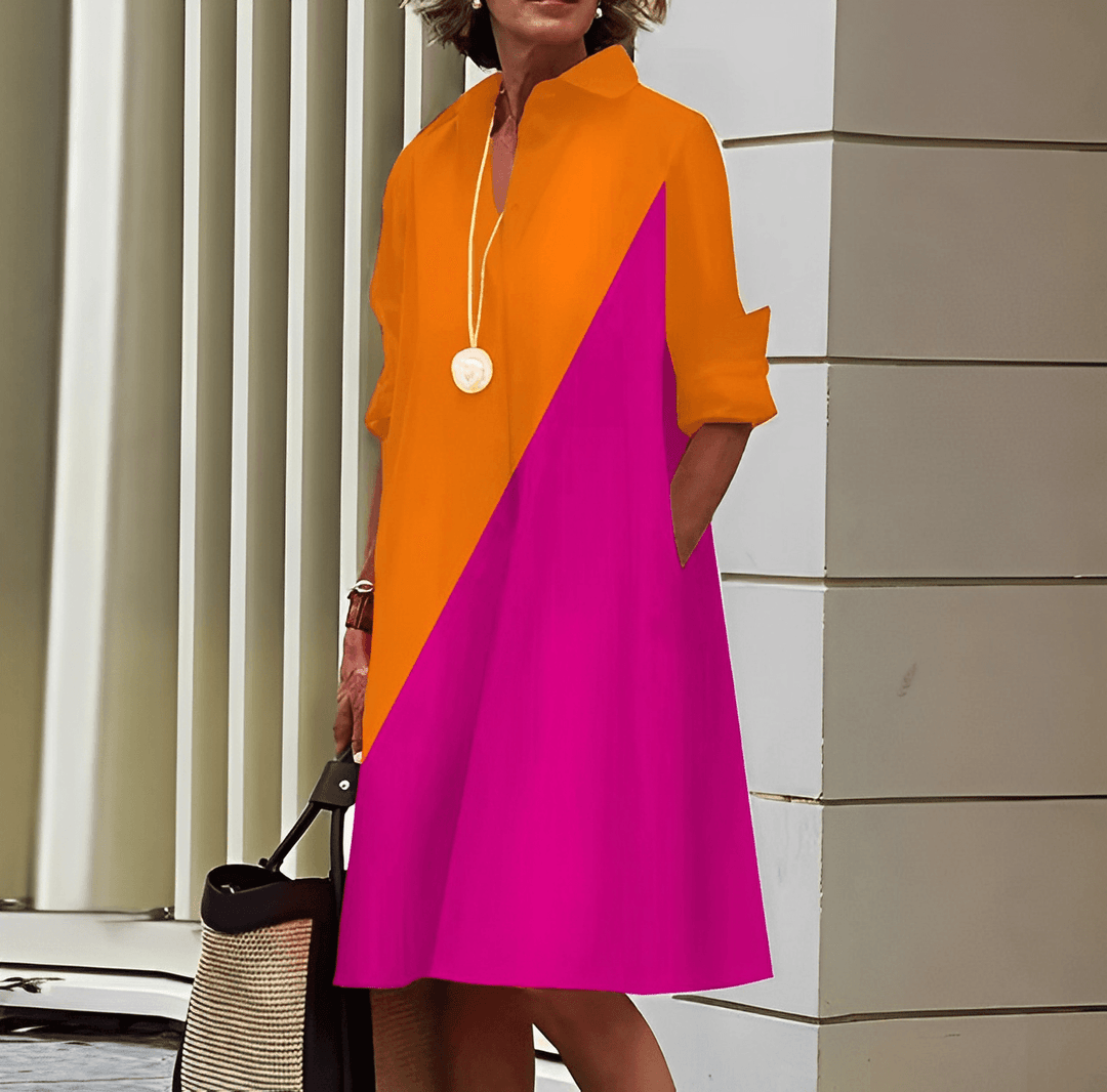 Robe chemise femme chic pour l'été, look élégant et décontracté, manches 3/4 et col rabattu.