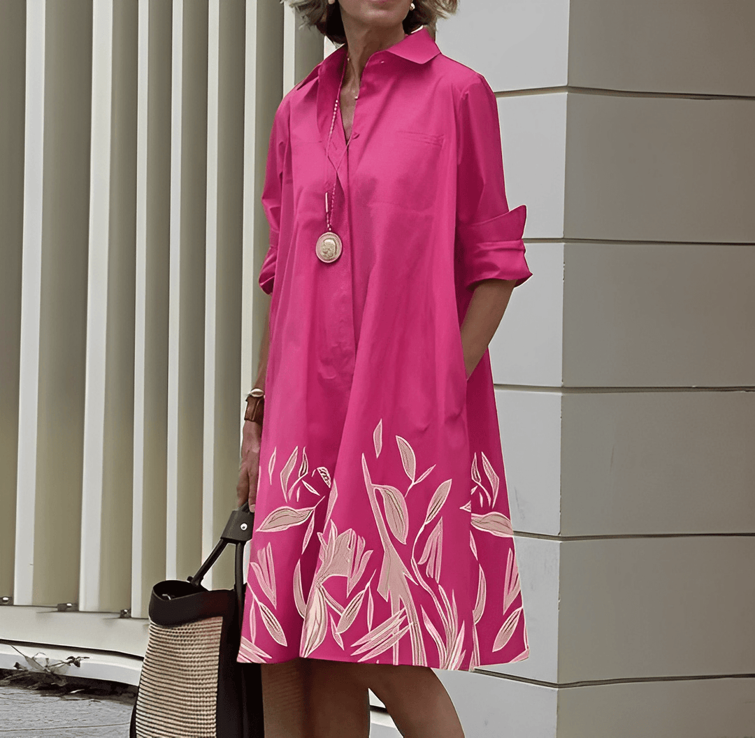 Robe chemise femme chic et élégante, décontractée pour l'été, avec col rabattu et manches 3/4.