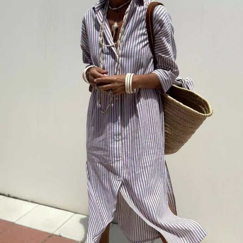 "Robe chemise femme en coton léger, rayures verticales, manches longues, style décontracté et élégant pour l'été."