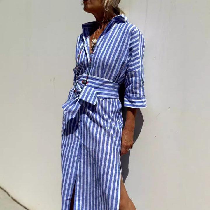 "Robe chemise femme en coton léger, rayures verticales, manches longues, style décontracté et élégant pour l'été."