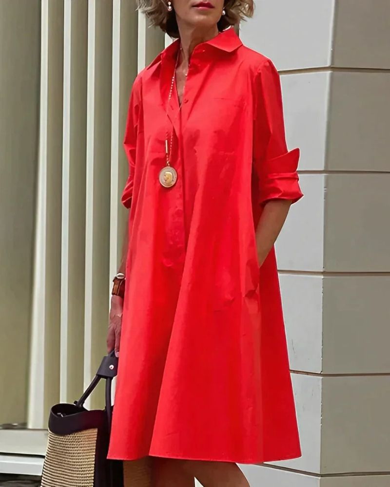 Robe chemise femme Monet midi élégante, col, manches longues, poches. Idéale pour tenue chic ou décontractée.