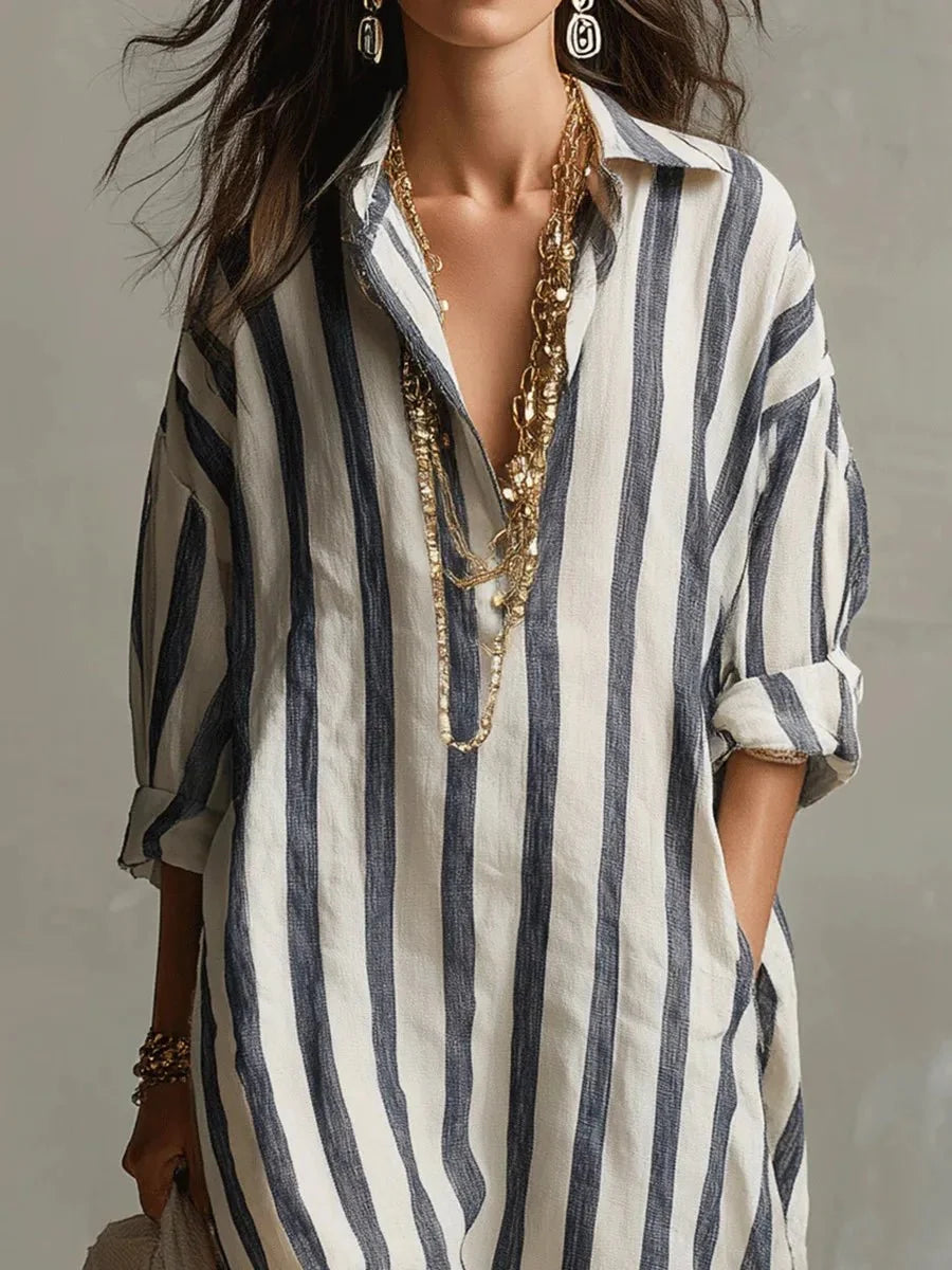 Robe d'été femme, modèle chemise longue à rayures, ample et confortable avec poches.