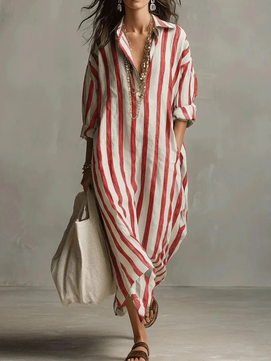 Élégante robe longue femme à rayures, style chemise décontracté, coupe ample et poches pratiques.