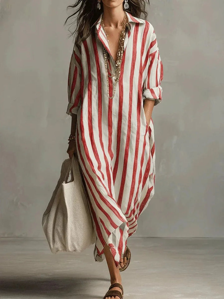 Élégante robe longue femme à rayures, style chemise décontracté, coupe ample et poches pratiques.