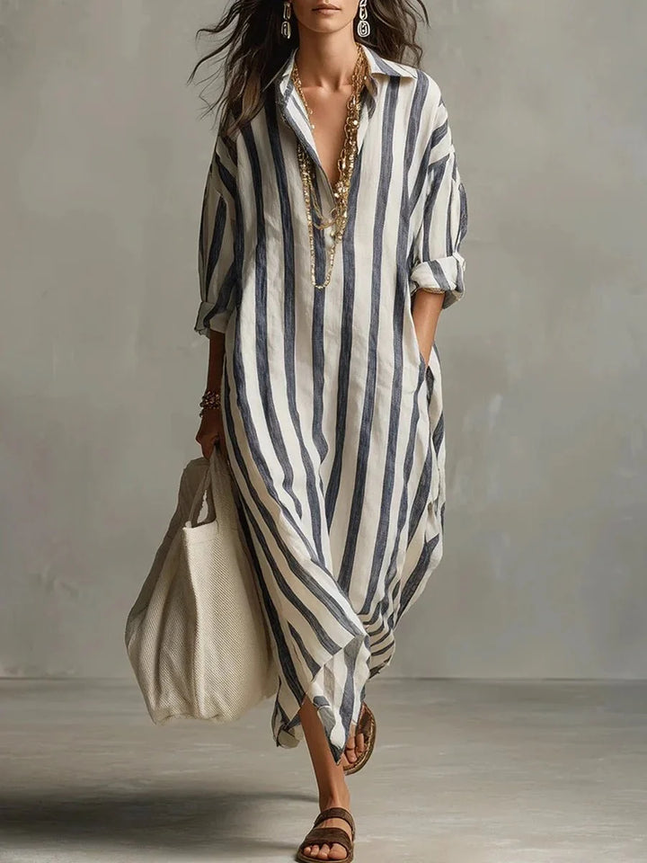 Robe chemise longue femme à rayures, coupe ample élégante, parfaite pour l'été avec poches pratiques.