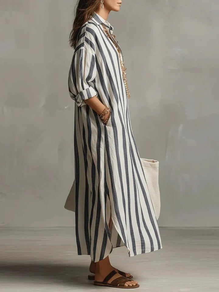 Vêtement femme chic: robe midi à rayures, style décontracté, idéal printemps-été.