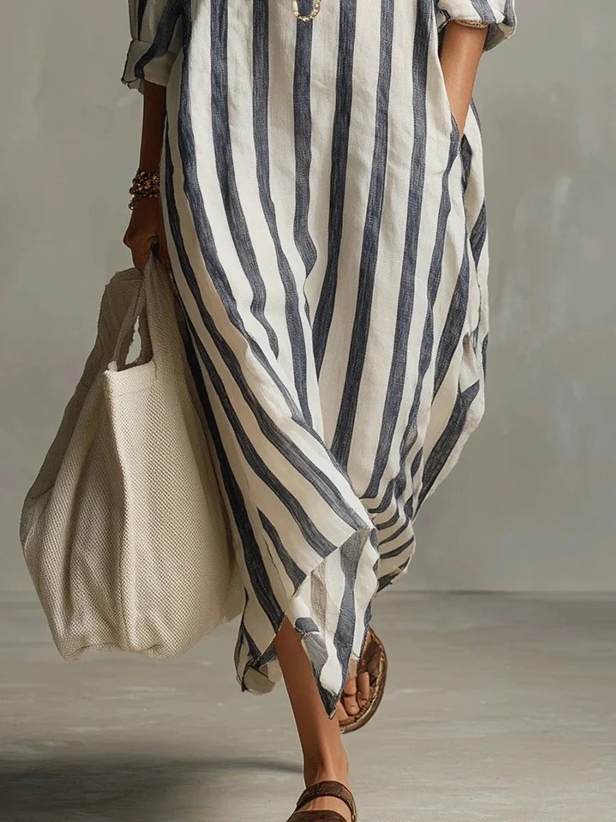 Mode féminine: robe longue rayée, coupe ample chic, idéale pour un look décontracté printemps-été.