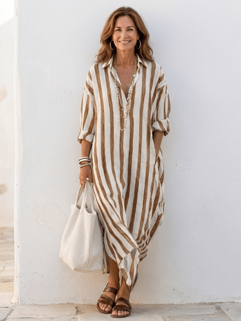 Vêtement femme été: robe midi rayée, style chemise ample, idéal pour un look confortable et élégant.